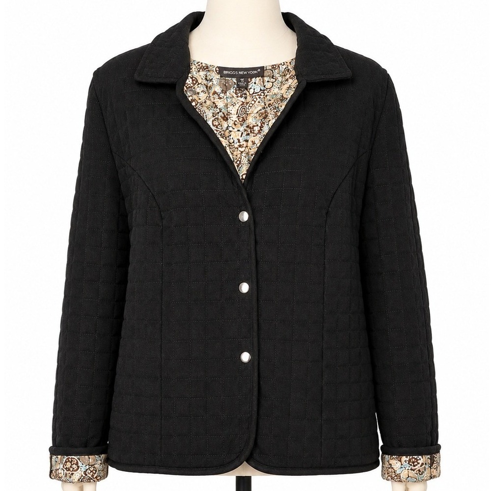 Briggs New York Womens Black Quilted‎ Snap Front Jacket Paisley Lining Size 12